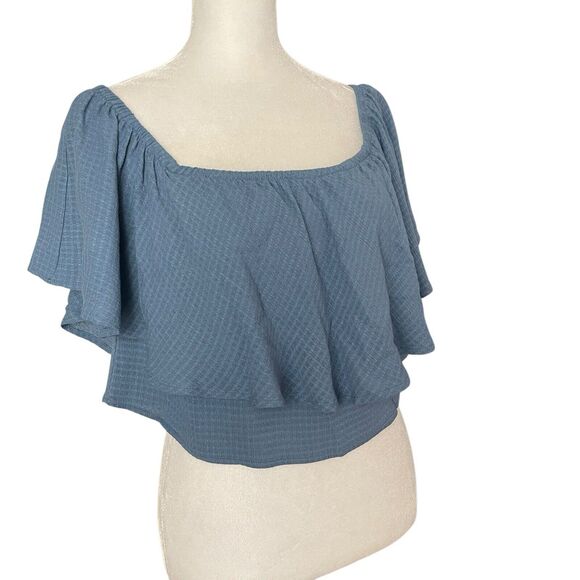 Reformation Womens Small Crop Top Blue Off the Shoulder Flounce Blouse Solid - Picture 4 of 8